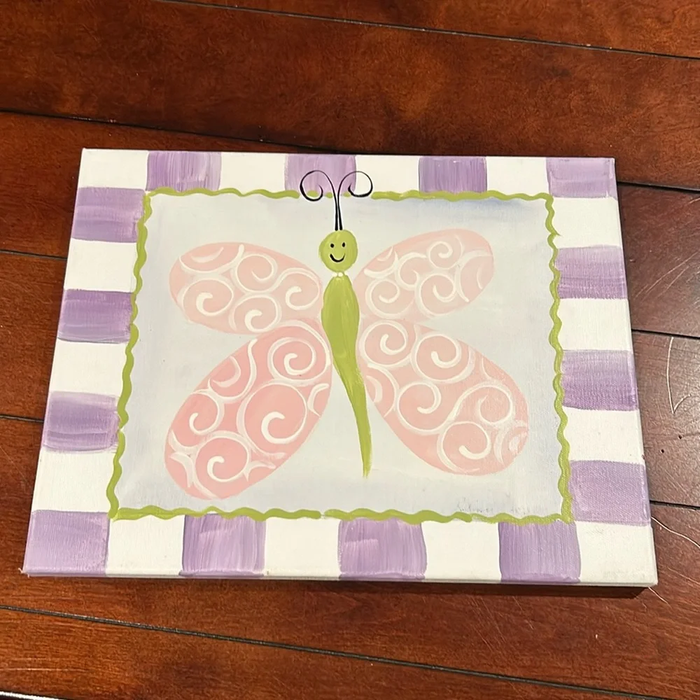 Doodlebuggs Stretch Butterfly Canvas Painted Pink Green Purple Kids Room 11x14